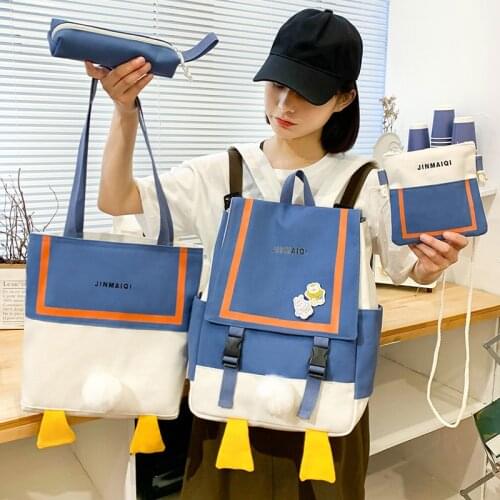 Elementary 4sets Canvas Women Backpack Female Cute Cartoon Childrens School Bags for Teenagers Small Fresh Backpacks Ruckpack