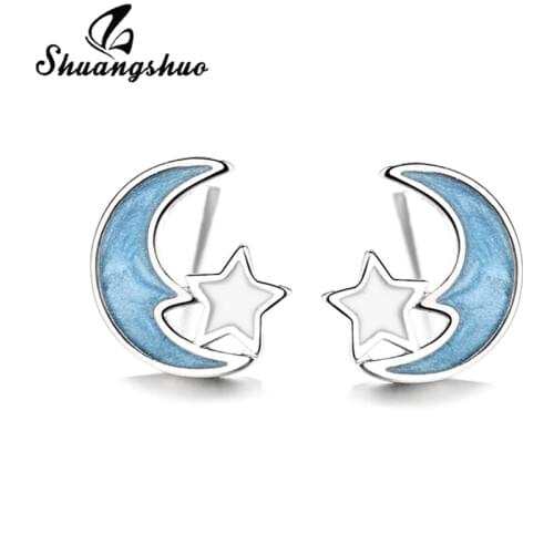 Shuangshuo Cute Tiny Moon Star Stud Earrings for Women Lovely Blue Celestial Planet Birthday Jewelry Earing Charms Bijoux