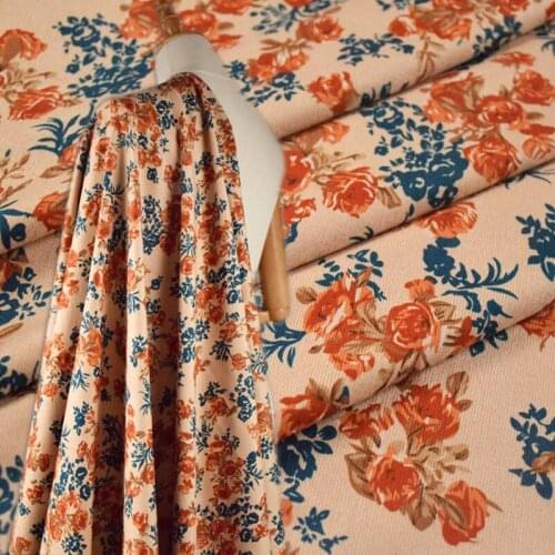 Half Meter Retro Khaki Orange Big Flower Print Cotton Corduroy Fabric For Autumn Winter Dress Cheongsam Trousers Tissue T1726