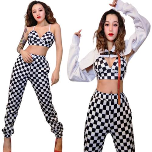 Women Hip Hop Costumes White Top Plaid Bra Pants Street Dance Clothes Adults Jazz Performance Wear Rave Stage Outfits DT1740