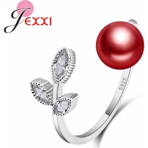 Women Rings 925 Sterling Silver Cubic Zirconia Jewelry Wedding Leave Shape Red Pearl Engagement Crystal Ring For Lady