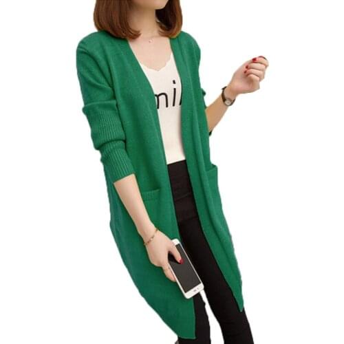 Knitting Sweater Women Fashion Spring Autumn Lady Girl Knit Sweater Cardigan Mid-Long V-neck Pure Color Casual Jacket 2020 K731