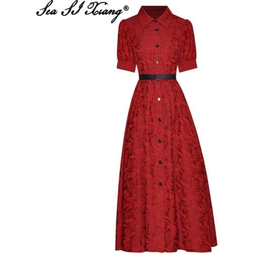 Seasixiang Fashion Designer Summer Mesh Dress Women Turn-down Collar Short Sleeve Floral Print Sashes Office Lady Dresses