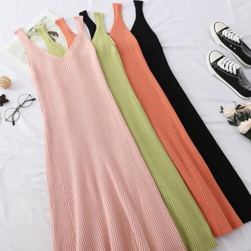 Big Elastic Knee Sweater Dress Sexy V-Neck Black Knitted Dresses Women Casual Pull Ribbed Solid Sleeveless Bodycon Robe Vestidos