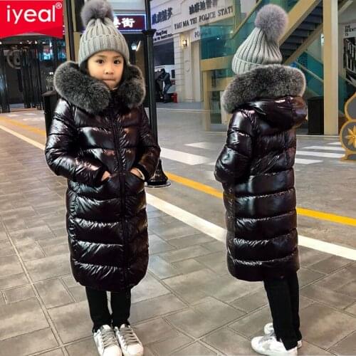 IYEAL Girls Winter Warm White Duck Down Jackets For Boys Waterproof Clothes Natural Fur Hooded Coats For Kids Parka -30 Degrees