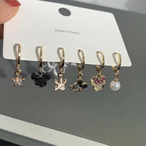 6Pcs/set S925 Needle Cute Mickey Minnie Earrings Jewelry Bowknot Pearl Star Pendant Earrings For Women Girls Birthday Surprise