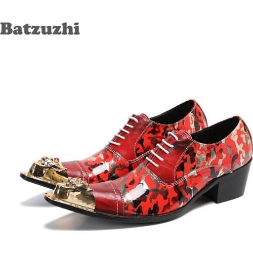 Batzuzhi Luxury Handmade Mens Shoes Golden Iron Toe Punk Leather Dress Shoes Lace-up Red Party, Wedding Shoes Male,Big US6-US12