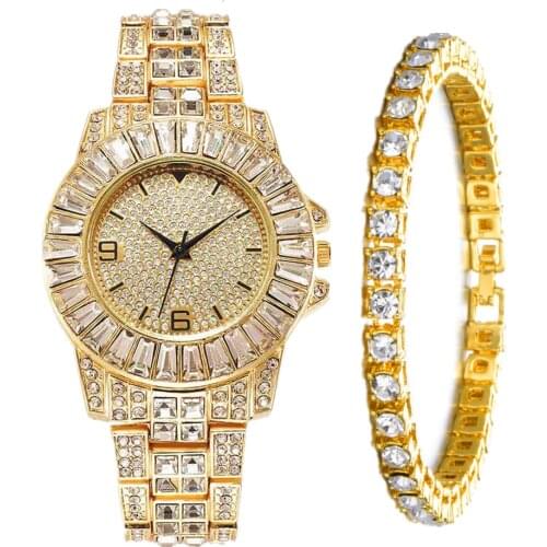 2pcs/set Iced Out Watch + Tennis Bracelet for Men Women Luxury Cool Hip Hop Gold Mens Watch Set Clock Watches Religio Masculino