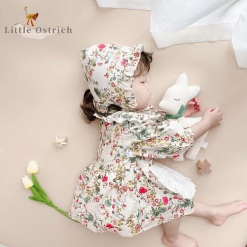 Newborn Baby Girl Cotton Romper+Cap Spring Autumn Peter Pan Collar Floral Long Sleeve Infant Toddler Child Baby Clothes 0-2Y