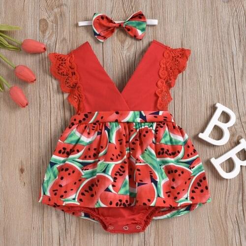 Watermelon print Kids Clothes Newborn Baby Girl Sleeveless Sunflower Print Romper Jumpsuit+Headband Set Outfit Childrens Sets