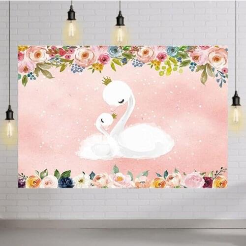 Swan Birthday Backdrop Flowers Glitter Shiny Prince Background for Baby Shower Kids Birthday Photography Party Pink Girls Banner