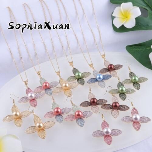 SophiaXuan Hawaiian Fashion Jewelry Set Woman Multicolor Flowers Pearl Earing Necklace Wholesale for Women Gifts 2021 New Style