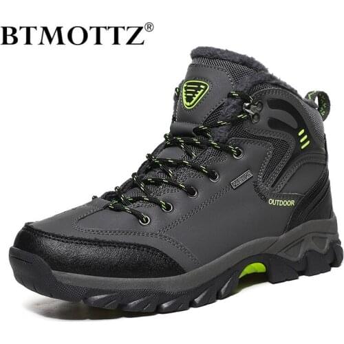 Leather Men Boots Military Combat Ankle Hikking Boots Winter Waterproof Warm Fur Snow Boots Outdoor Male Winter Work Sneakers