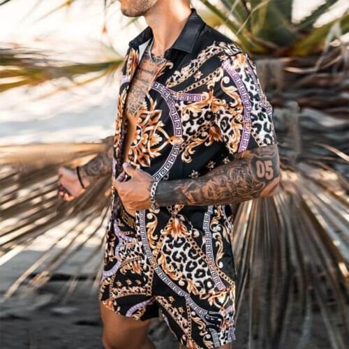 Mens Summer Plus-Size Fashion Casual Print Quick Dry Hawaiian Beach Style Loose Shorts Sleeved Shirt Set