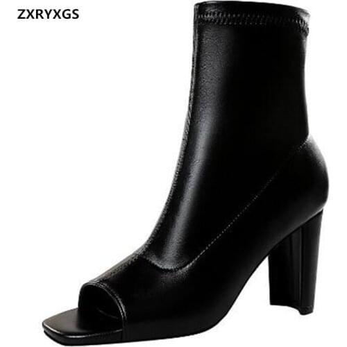 2021 New Spring Summer Square Head Fish Mouth Boots Womens Boots Thick With High Heeled Boots Fashion Sexy Was Slim Short Boots
