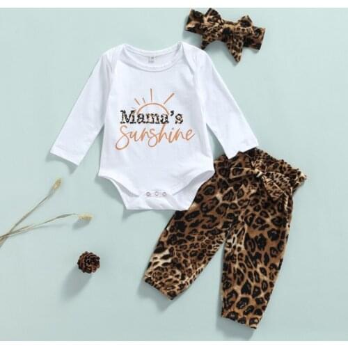 Three Piece Baby Girls Clothes Fashion Letter Long Sleeve Romper and Leopard Long Pants with Headband Spring Autumn