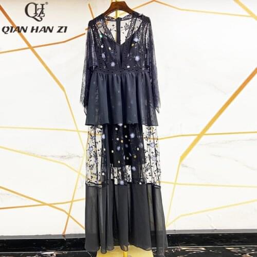 Qian Han Zi fashion runway summer Maxi dress Women V-neck Vintage Ruffled Lace Patchwork Applique Mesh Embroidered Long Dress