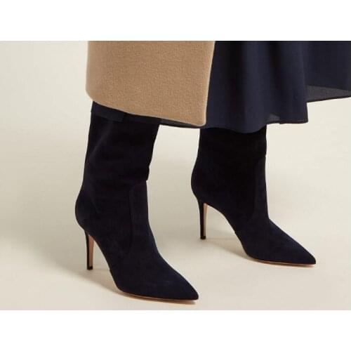 Drop Shipping Dark Blue Brown Solid Color Pointed Toe Slip On Pleated Long Boots Woman Stiletto Heels Knee High Tube Boots