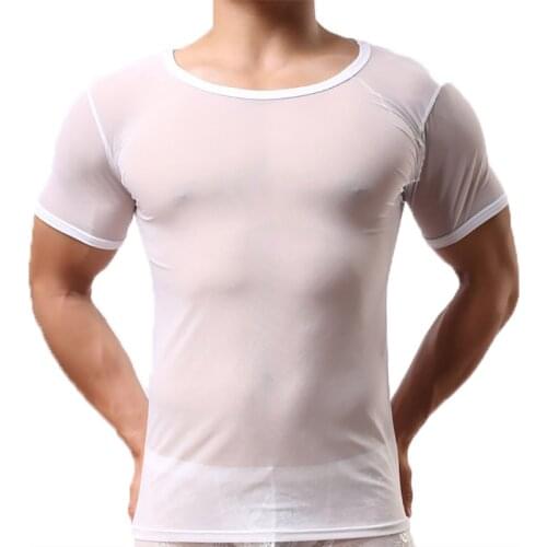 Sexy Mens Undershirts Mesh Transparent T-Shirt Heren Singlets Fitness Shorts Sleeve Tops Tee Sleepwear Underwear Camiseta Shirts