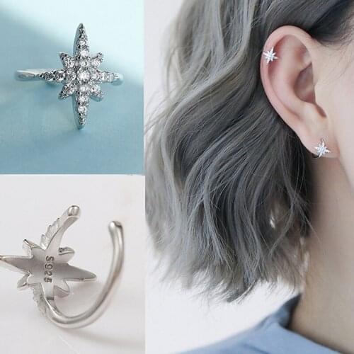 Shinning Stars CZ Clip Earrings 925 Sterling Hexagram Ear Cuff Women Girls Sister Jewelry Gifts for Best Friends