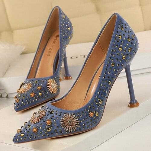 BIGTREE Shoes Women Pumps Crystal Rhinestone Heels Sexy High Heels Wedding Brides Shoes Female Luxury Stiletto Suede Ladies Shoe