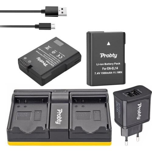 Probty 2Pcs EN-EL14 ENEL14 EN EL14 + Dual Charger + 2-Port Plug For Nikon D3100 D3200 D5100 D5200 P7000 P7100 P7200 P7700 P7800