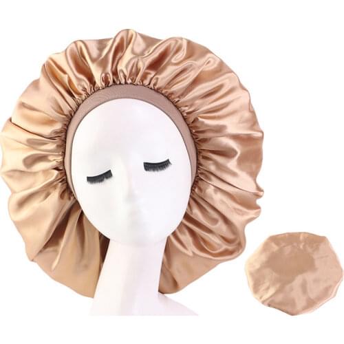 New Fshion Women Satin Night Sleep Cap Hair Bonnet Hat Silk Head Cover Wide Elastic Band
