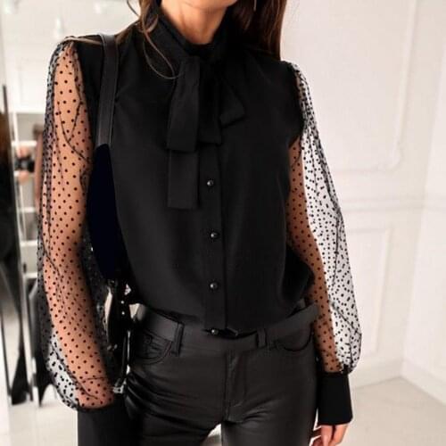 Women See Through Retro Dot Print Mesh Long Sleeve Buttons Bowknot Female Shirt Woman Blouse And Top