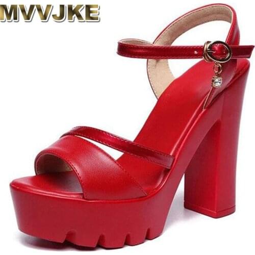 MVVJKE Platform Women Sandals 2019 Summer Slingback Peep Toe Red Lady Sandals Buckle Strap Thick High Heels Big Size