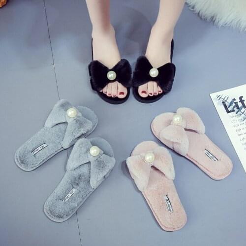 Women Spring Autumn and Winter Home Slippers Pearl Plush Slippers Floor Slippers Air-conditioning Slippers Flat Bottom Non-slip