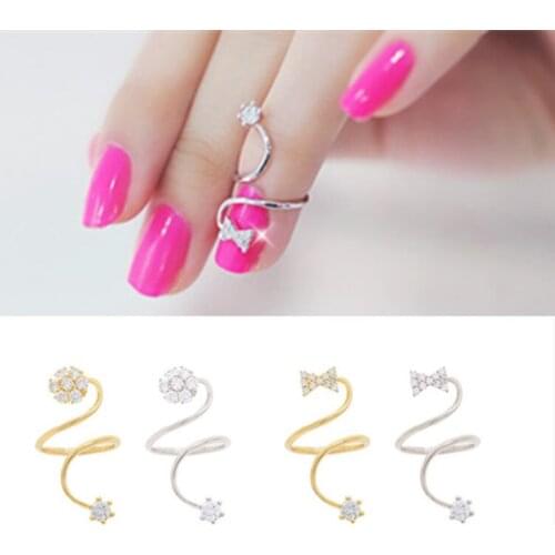 Rhinestone Bow Joint Rings Spiral Adjustable Crystal Finger Ring Jewelry For Women Wholesale 2 style