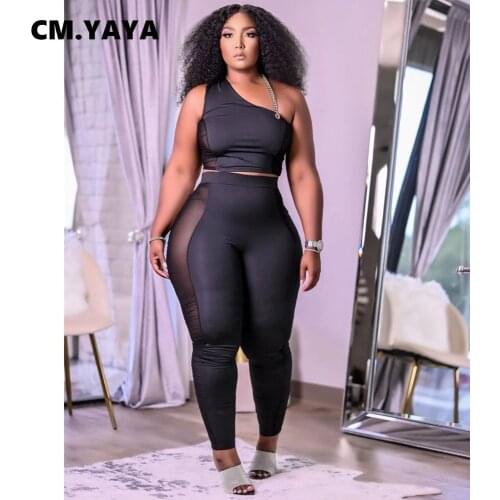 CM.YAYA Women Yoga Set Mesh Patchwork One Shoulder Sleeveless Crop Tops Pencil Pants Two 2 Piece Sets Tracksuit Summer Outfits