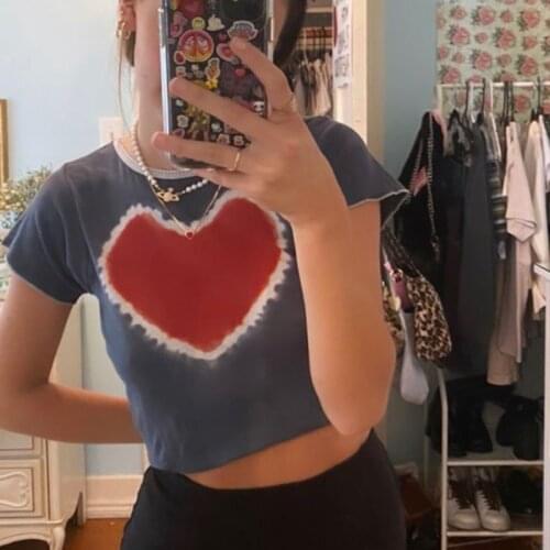 Women Casual Close-fitting Crop Tops Short Sleeve Heart Printed Pattern Round Collar T-shirt Blue Red
