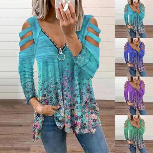 2021Popular New Women T-shirt Small Floral Print V Neck Autumn Zipper Off Shoulder Loose Blouse for Dating Comfortable Plus Size