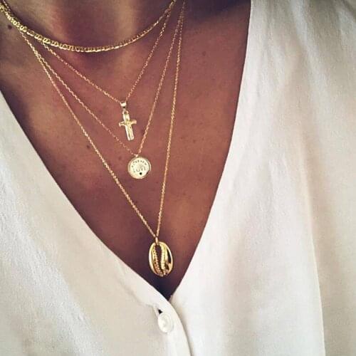 4 Pcs/Set Boho Multilayer Gold Cross Jesus Letter Love Shell Chain Pendant Necklace Women Charm Party Necklace Long Necklace Set