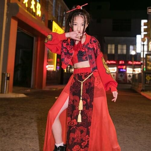 Kids Stage Costume Chinese Style Retro Style Red Outfits Hip Hop Girls Jazz Performance Wear Catwalk Festival Clothing DNV14415