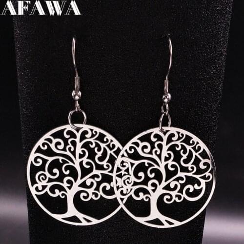 Tree of Life Stainless Steel Statement Earrings for Women Big Hollow Silver Color Dangle Earrings Jewellery aretes E1586S01