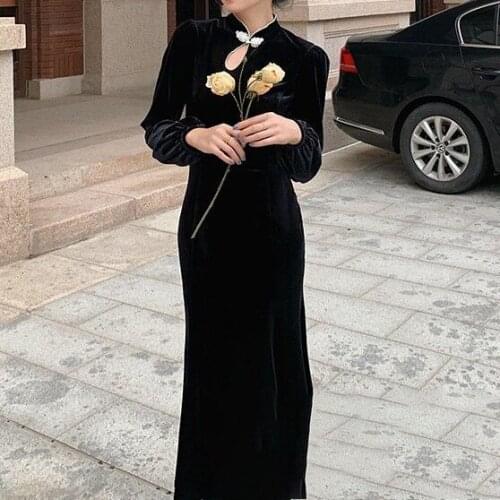 French velvet modified cheongsam dress nuns bag hip long dress O-Neck vestidos de mujer black dress Polyester