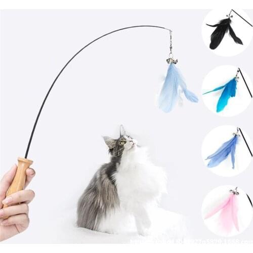 Kitten Supplies Pets Teaser Toys Interactive Fishing Wood Rod With Small Bell Cat Funny Wand Feather Stick Telescopic Toy 1pc