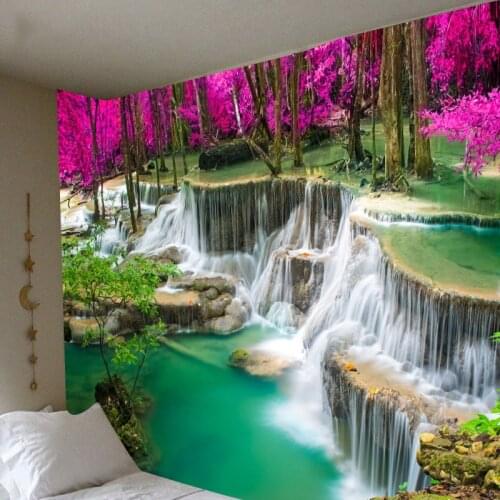 Beautiful forest waterfall Green tapestry Wall blanket Tablecloth Beach blanket Room decoration