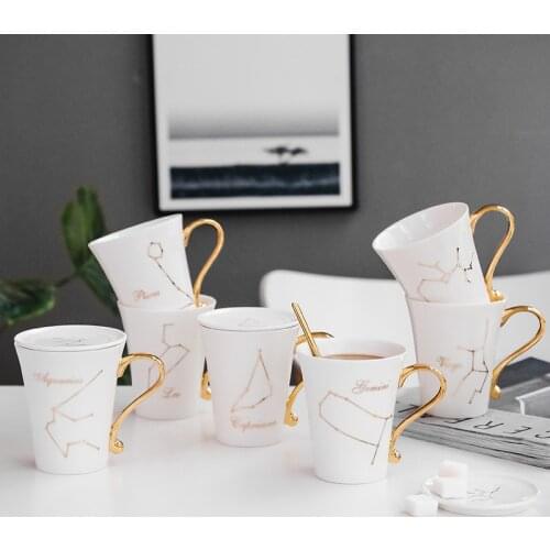 300ml Brief Line Pattern Milk Coffee Mugs With Lid Spoon Gold Ceramic Nordic Breakfast Mug Office Home Drinkware Novelty Gift