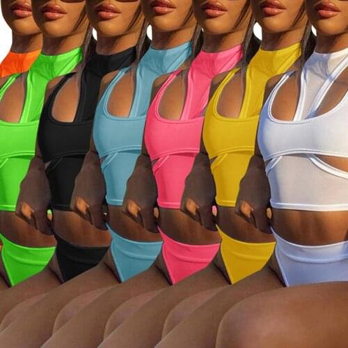 OMSJ Fashion Casual Street Style Bodycon Matching 2 Pcs Set Sleeveless Hollow Out Sports Mini Vest+Underpants 2021 Women Outfits