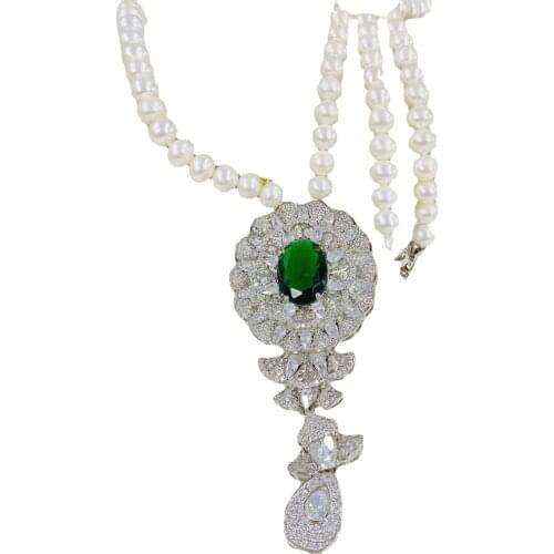 Freshwater Pearl White near Round 8-9mm blue/green/red zircon pendant Necklace 45cm Wholesale for women xmas gift