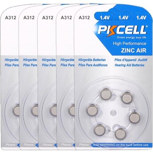 PKCELL 30pcs/5cards Hearing Aid Batteries PR41 ZA312 A312 312A ZA312 312 S312 Zinc Air Battery (6pcs/Blister)