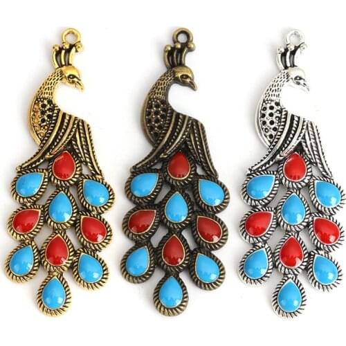 8Seasons Fashion Zinc Based Alloy Pendants Peacock Animal Gold Tone Antique Gold Red & Blue Enamel DIY Charms 84mm x 30mm, 2 PCs