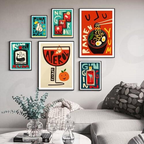 Cartoon Style Gin Yummy Noodle Poster Color Softdrink Wall Art Canvas Painting Modern Abstract for Kitchen Room Home Decor