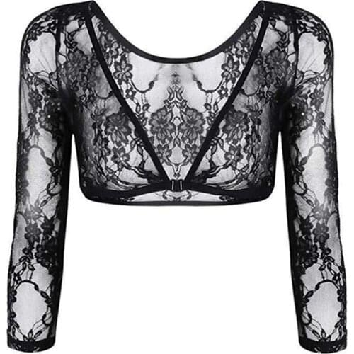 Sexy Women Lingerie Fashion See Through Floral Lace 3/4 Length Sleeve Slip-on Short Shirts Crop Top for Party Nightwear