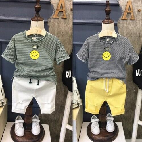 Boys Casual Fashion Striped Sets Children Tracksuits Clothins Kids Striped T Shirt+hole Ripped Shorts Sets 2pcs Sport Clothes