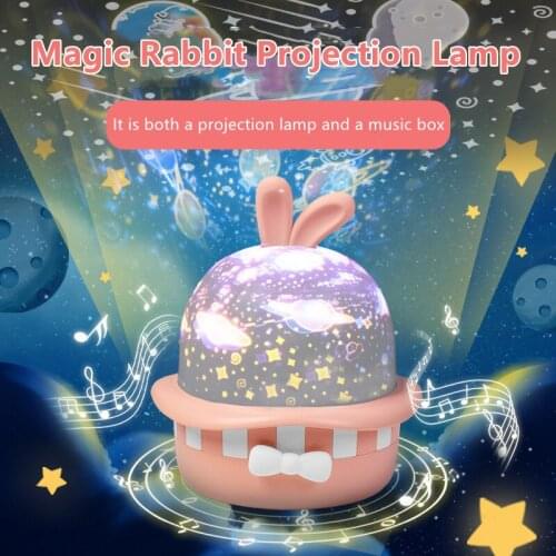 Magic Rabbit Projection Lamp USB Rechargeable Rotating Romantic Starry Sky Music Night Light Christmas Childrens Birthday Gift