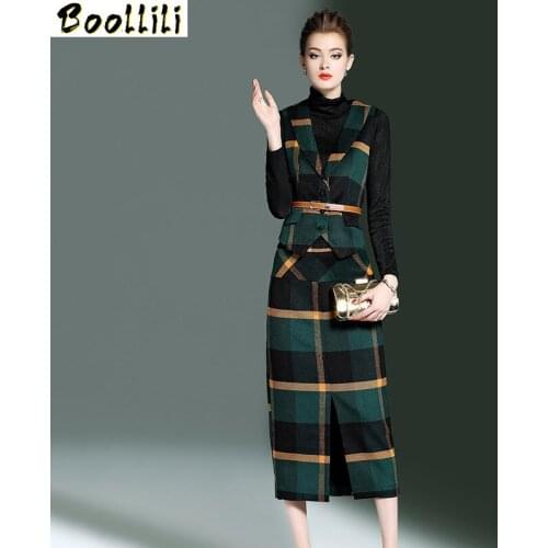 Boollili 2020 Autumn Women Skirts Woolen Plaid Pencil Skirt faldas mujer Long Skirt + Vest Tops 2 Pieces Set Womens Suits
